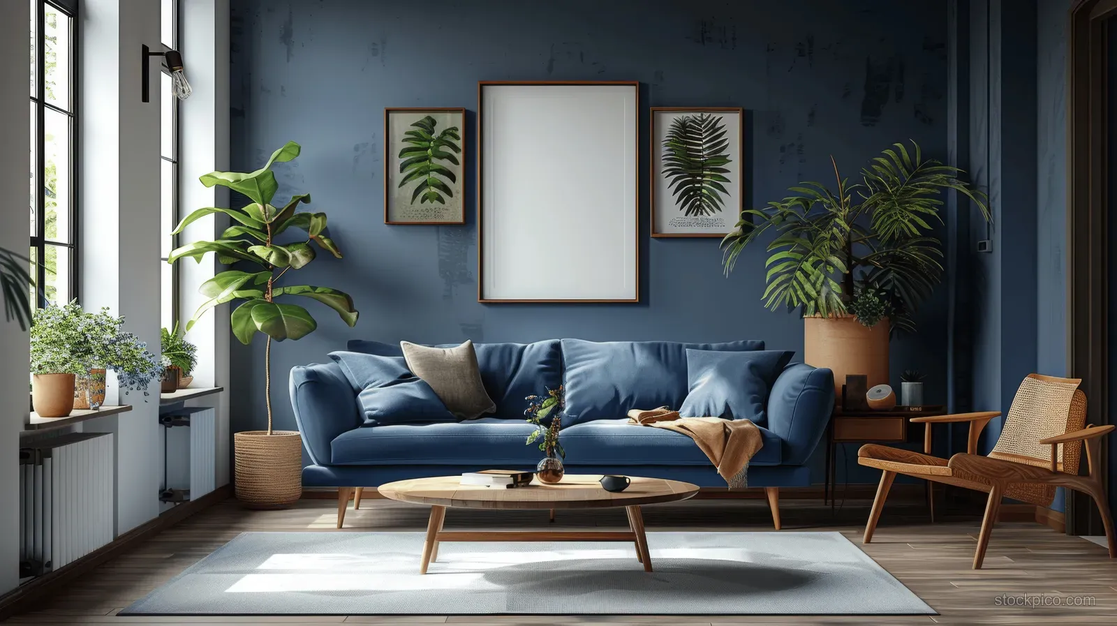 Blue sofa under window light with wooden coffee table, plants, and a framed mockup poster on a dark wall.