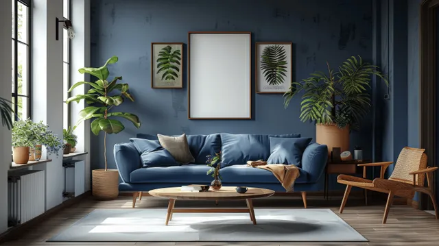 Blue sofa under window light with wooden coffee table, plants, and a framed mockup poster on a dark wall.