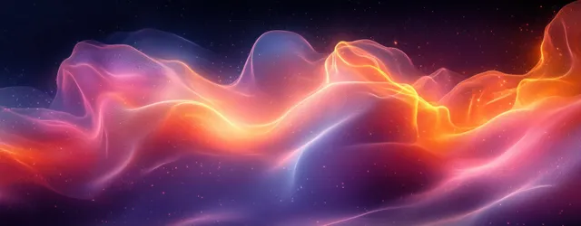 Glowing purple and orange light trails ripple across a dark abstract gradient background.