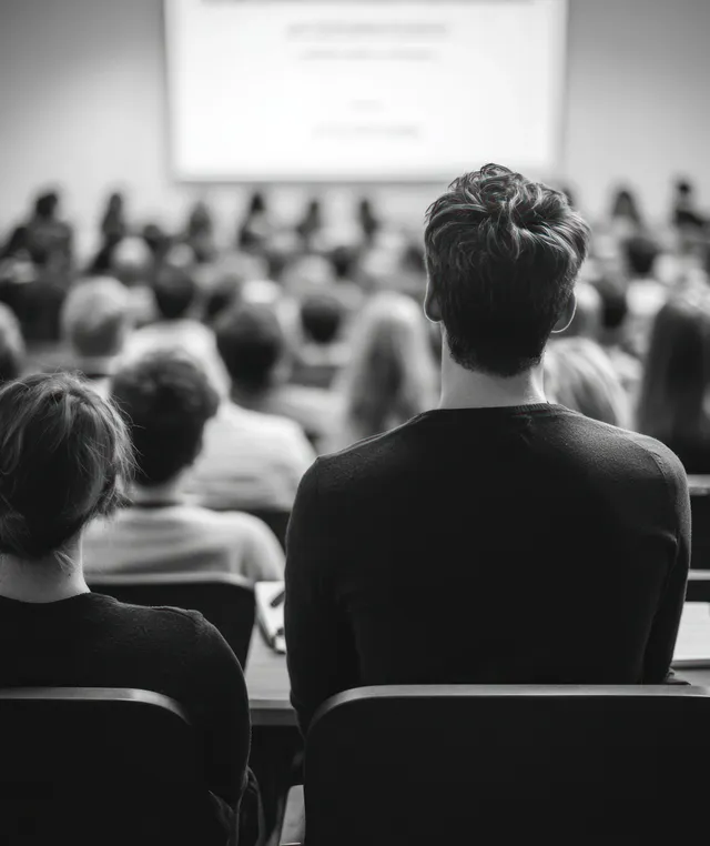 Back of an audience seated in a conference hall facing a presenter and a bright projection screen.