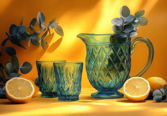 Green patterned pitcher and two matching glasses sit with lemon halves and eucalyptus leaves on a bright yellow background.