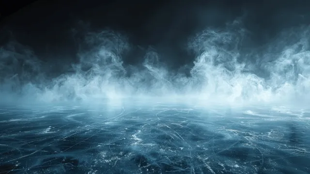 Misty blue ice rink at night with swirling fog and smoke over an empty arena floor.