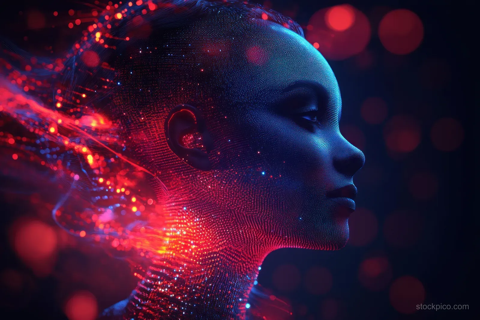A female torso silhouette with cyberpunk x-ray tumor imagery glowing in red and blue light effects.