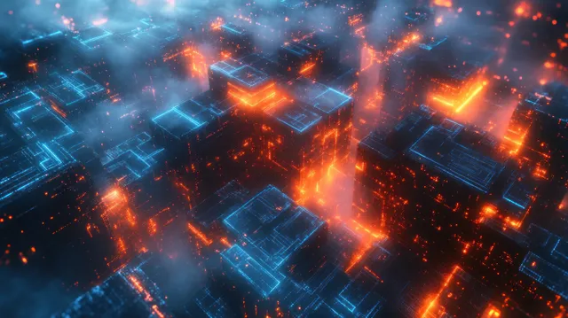 Neon blue and orange cyberpunk grid with glowing geometric blocks over a dark digital city