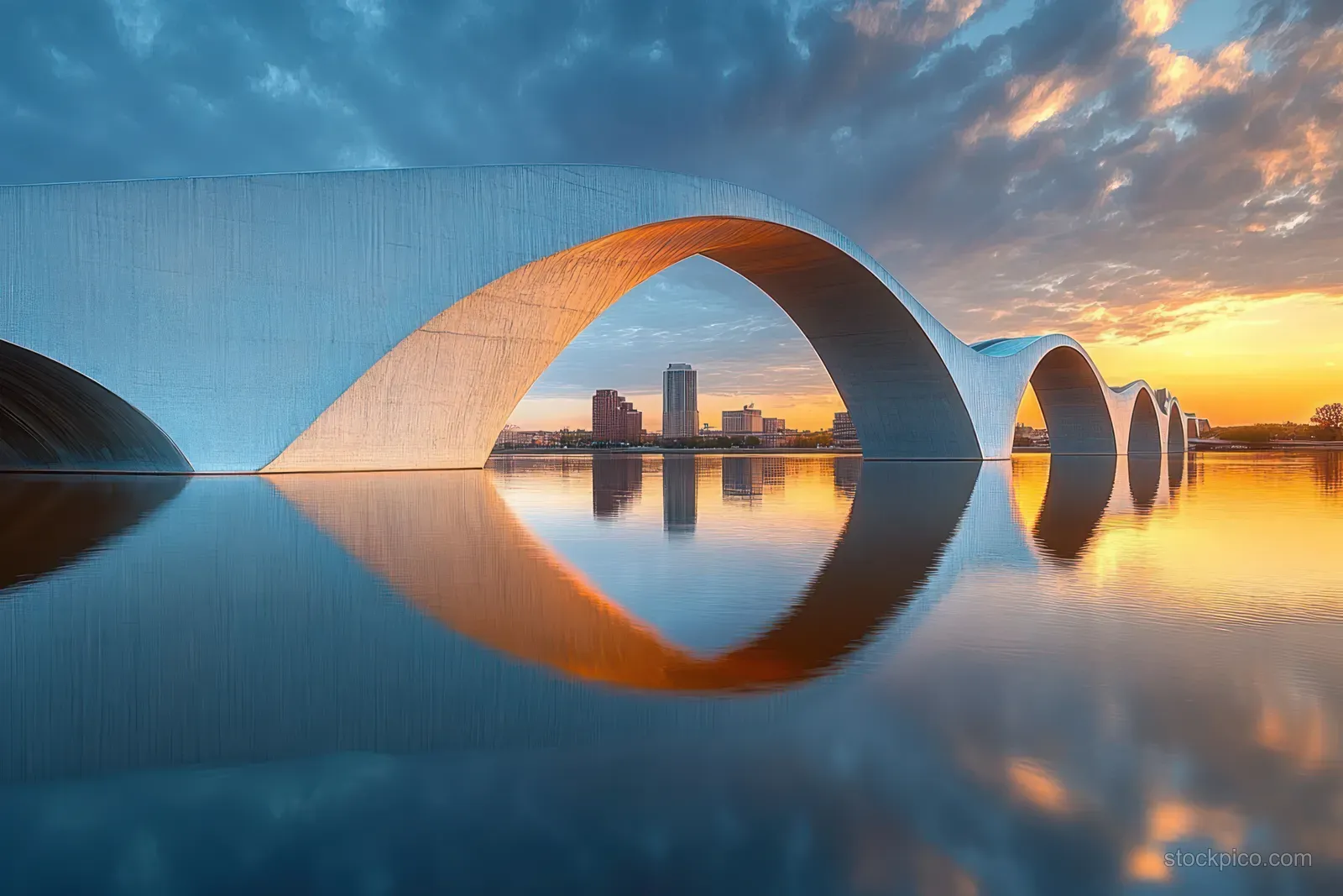 Arched bridge reflecting Minneapolis skyline and sunset colors across the calm Mississippi River at twilight.