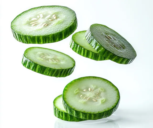 Green cucumber slices floating on white background with visible seeds and textured skin