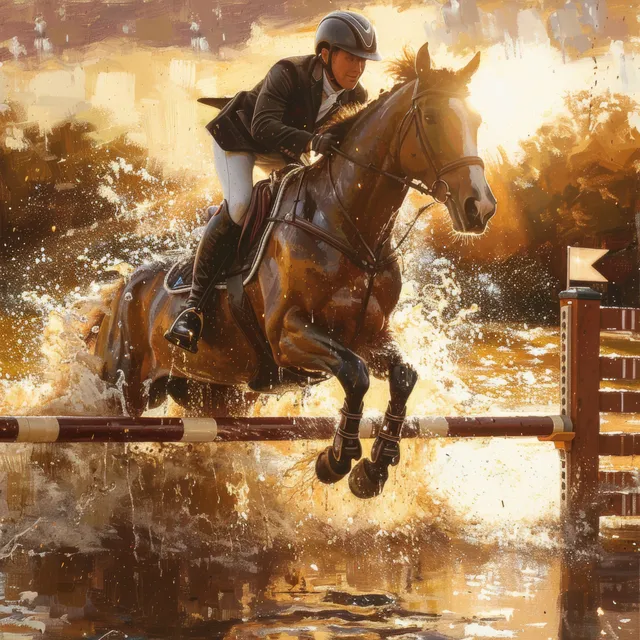 United States show jumping rider and horse clearing a fence in golden splashing action