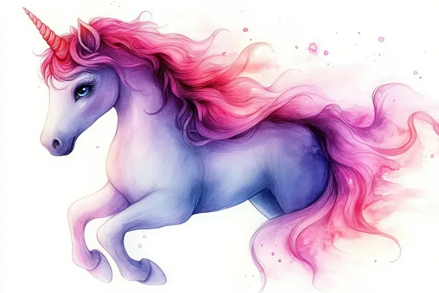 A purple unicorn with a flowing pink mane gallops on a white background with soft glowing swirls behind it.