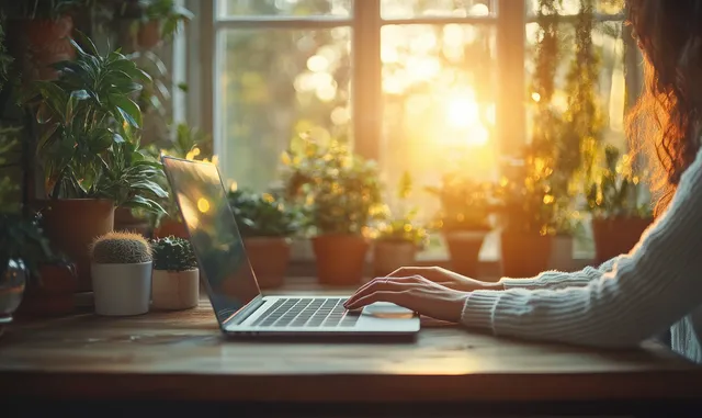 Woman typing on a laptop at a wooden home office table with warm sunlight and potted plants.
