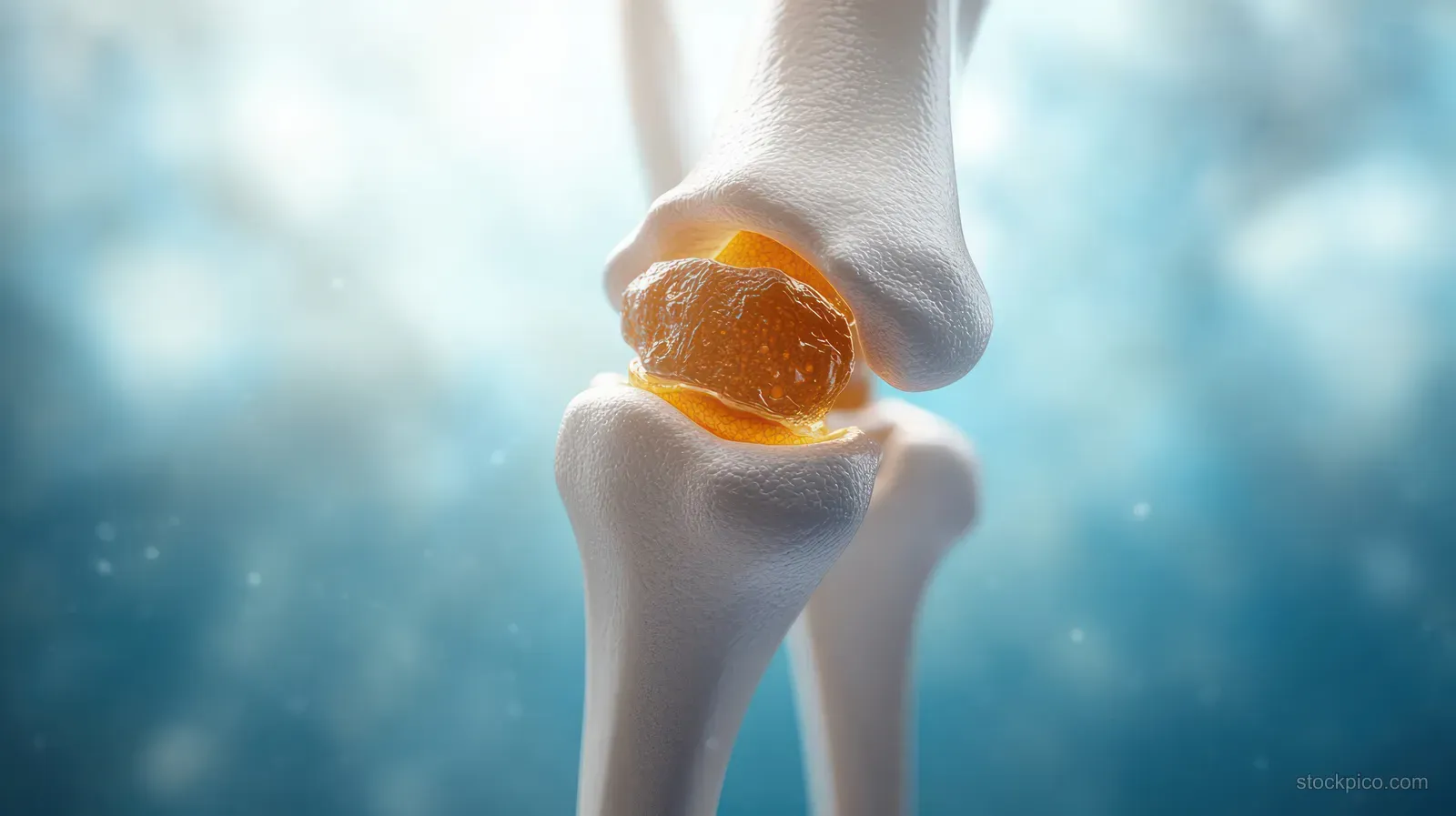 3D render of a knee joint with cartilage surface highlighted against a soft blue medical background.