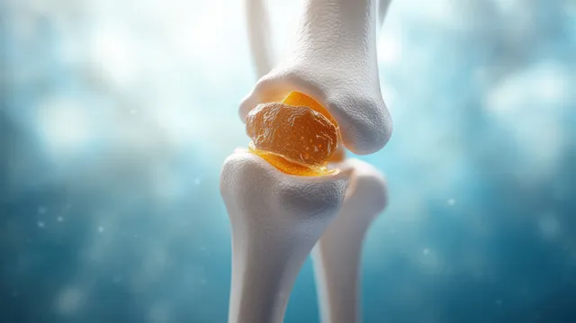 3D render of a knee joint with cartilage surface highlighted against a soft blue medical background.