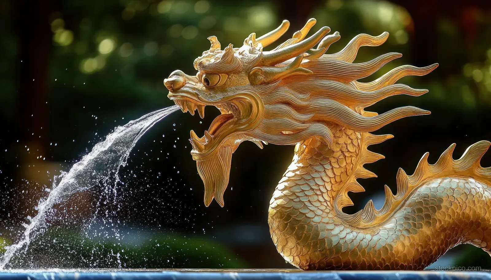 Golden dragon statue with detailed scales spouts water from a fountain in an outdoor garden setting.