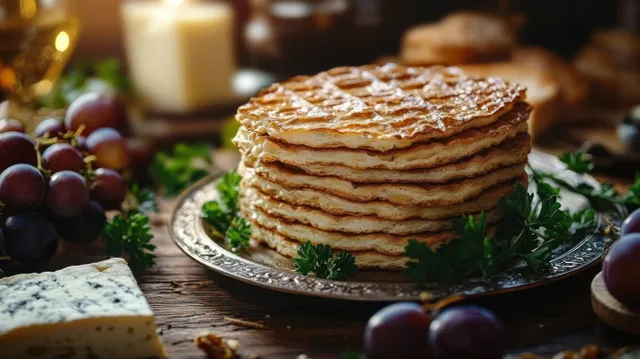 A stack of golden pancakes on a plate with grapes, herbs, and cheese on a rustic wooden table.
