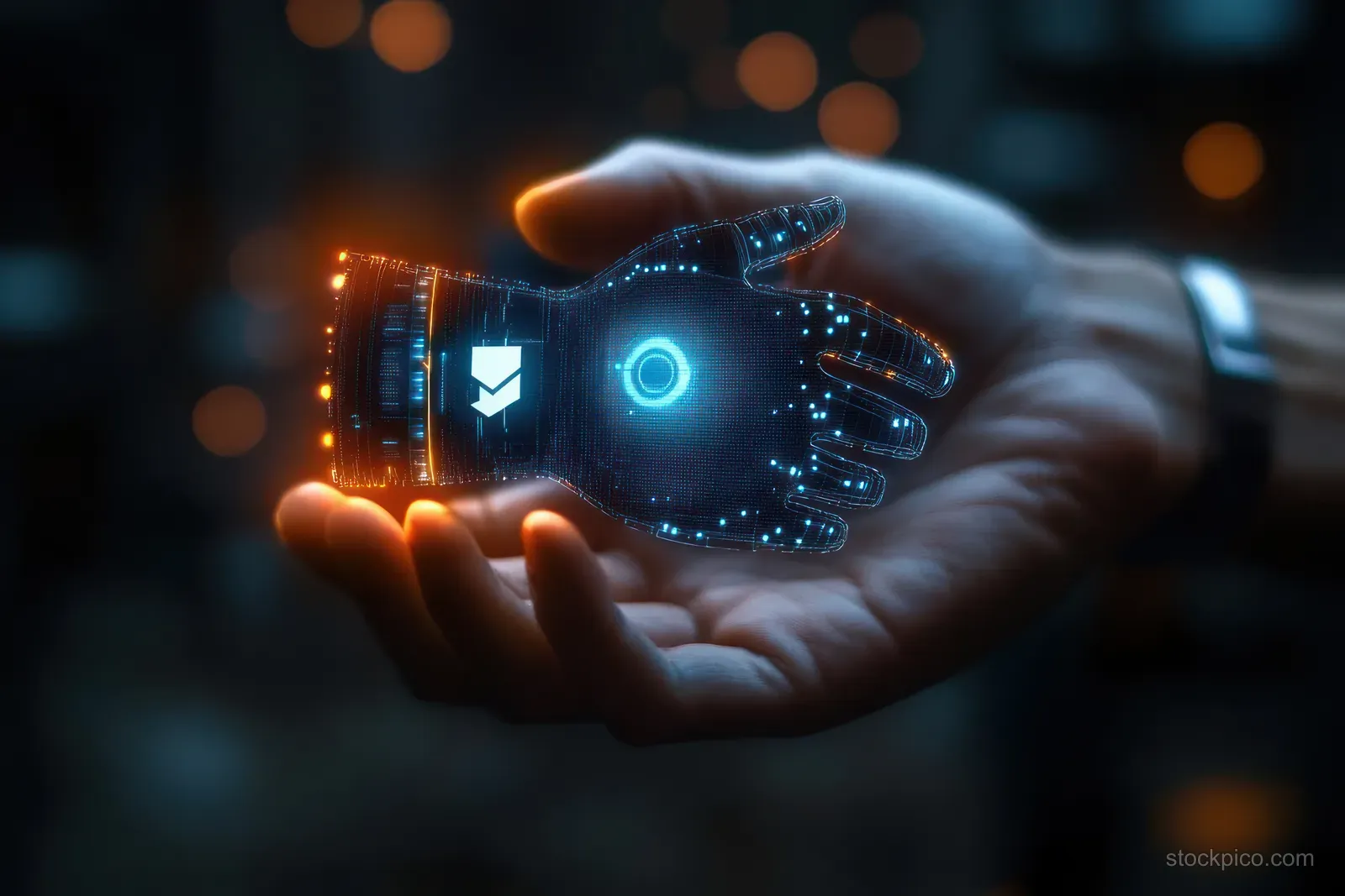 A hand holds a glowing holographic robotic hand with blue interface lights in a dark scene.