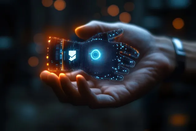 A hand holds a glowing holographic robotic hand with blue interface lights in a dark scene.