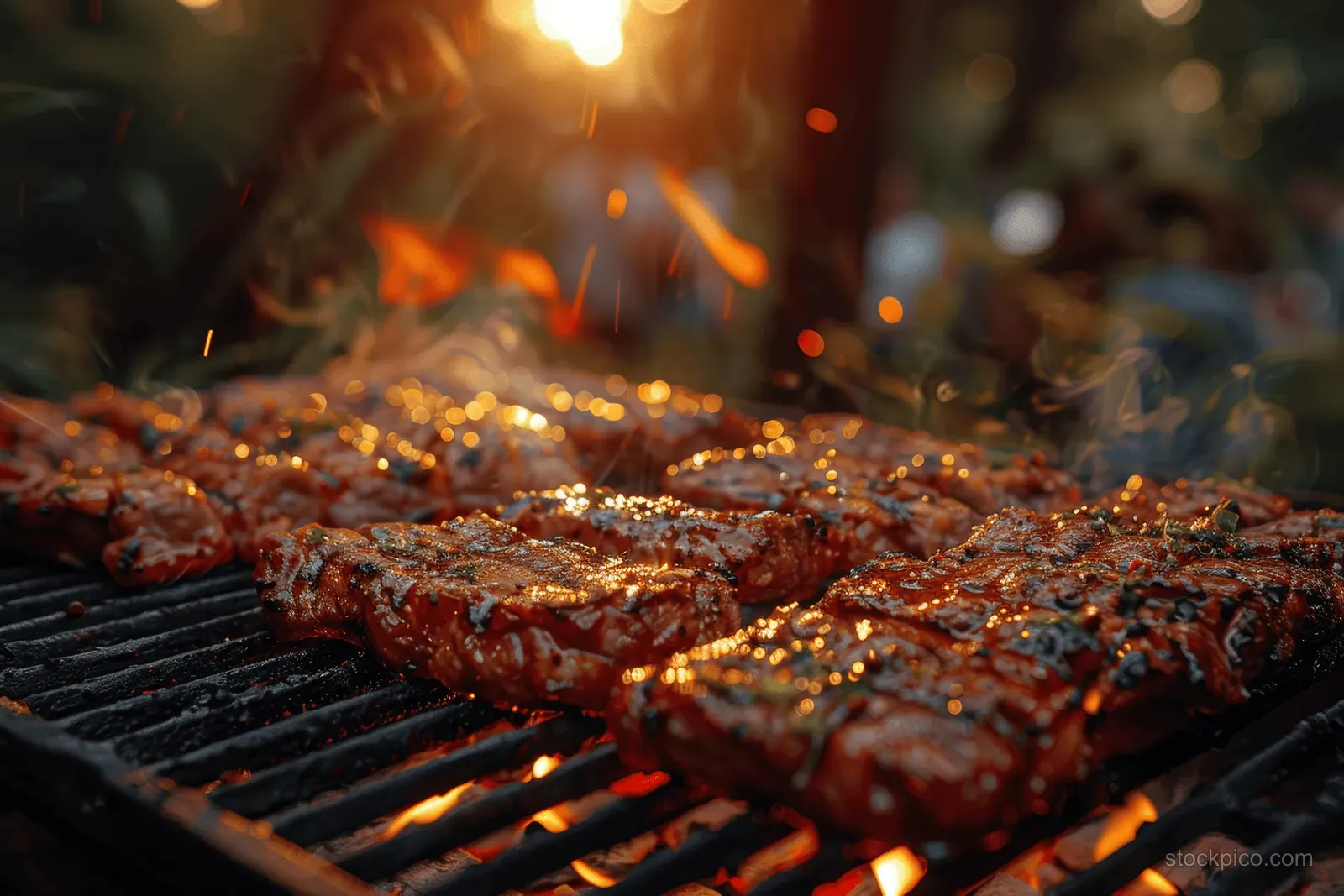 Steaks sizzle on a barbecue grill with flames and glowing embers.