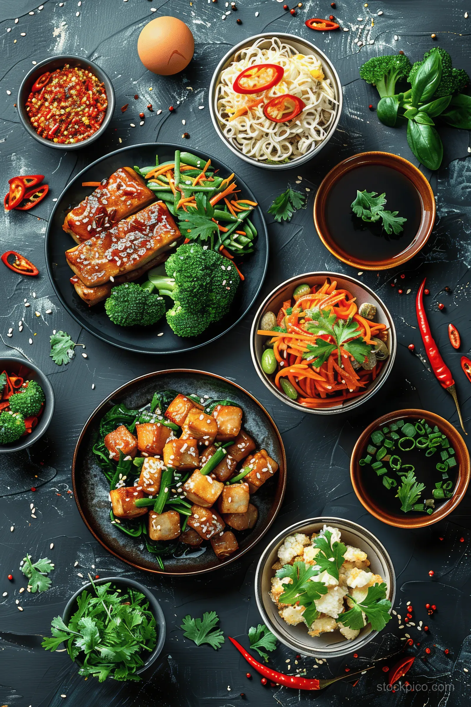 Chinese stir-fry dishes with vegetables and meat in bowls, chili slices, and noodles on a dark slate table.