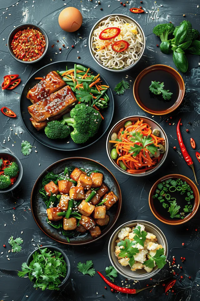 Chinese stir-fry dishes with vegetables and meat in bowls, chili slices, and noodles on a dark slate table.