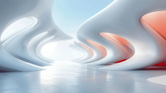 Futuristic concrete gallery interior with empty floor and flowing curved forms