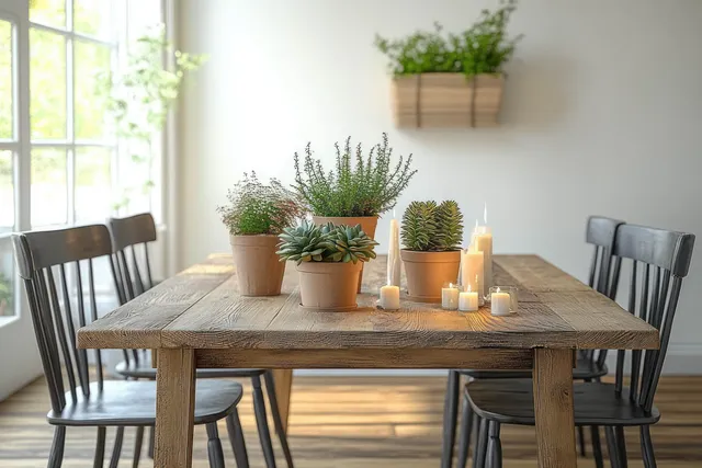 Rustic wooden dining table with candles and potted herbs in bright Scandinavian interior 3D scene