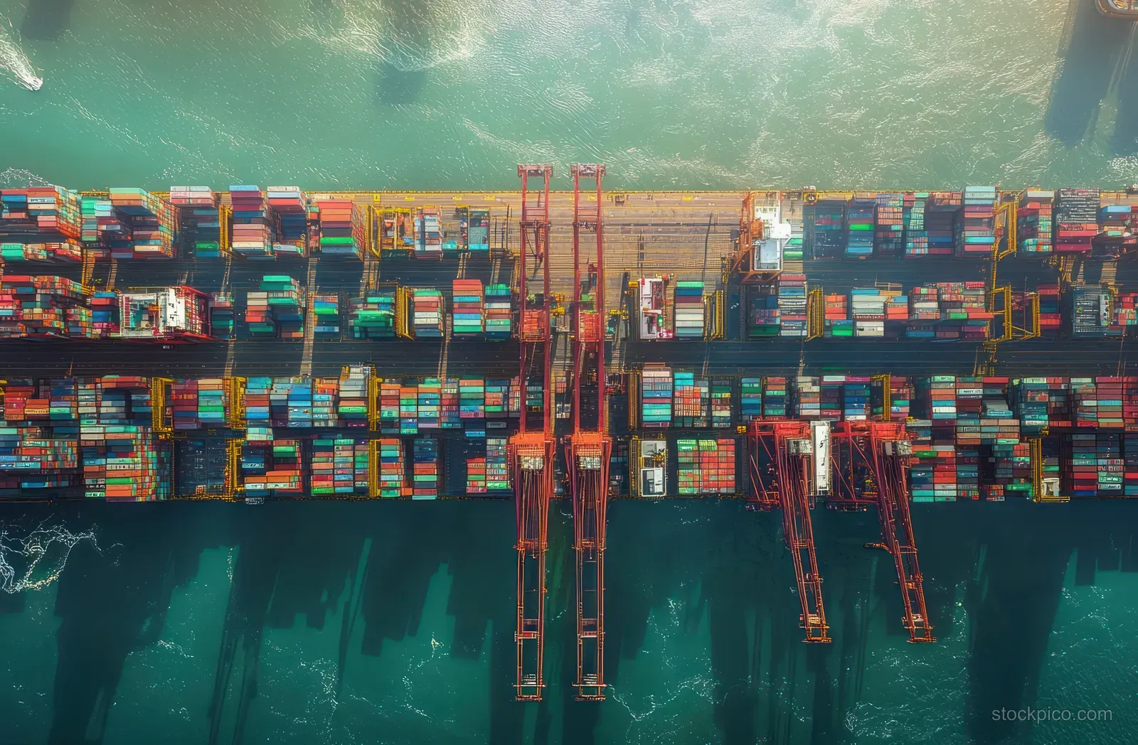 Aerial view shows red cranes moving between stacked shipping containers over turquoise harbor water.