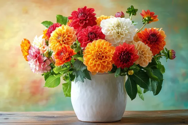 A vibrant bouquet of colorful dahlias and green foliage in a white vase, illuminated by soft natural light.