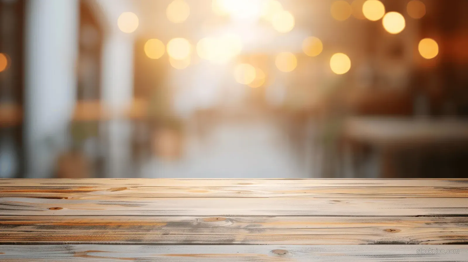 Wooden tabletop in the foreground with a softly blurred café interior and warm bokeh lights in the background.