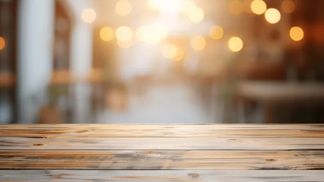Wooden tabletop in soft focus café setting with warm bokeh lights
