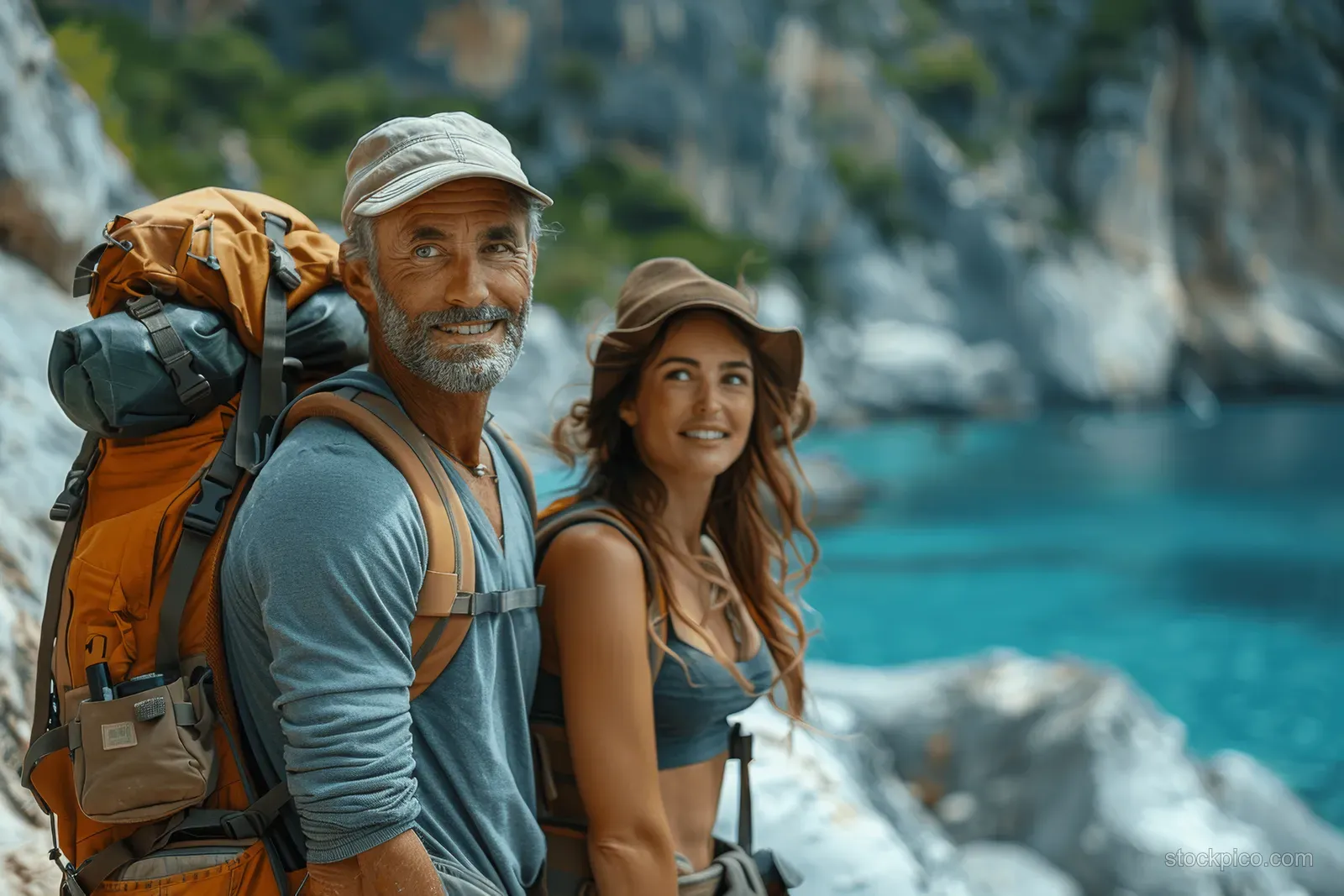 Smiling senior couple hiking with backpacks on a coastal trail beside a turquoise ocean.