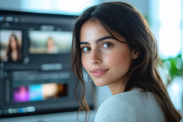 Young woman with long dark hair smiles while looking back in front of dual computer monitors with video editing software.