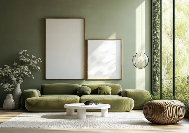 Olive green sofa in a bright Scandinavian living room with framed wall art, a flower vase, and a sunlit window.