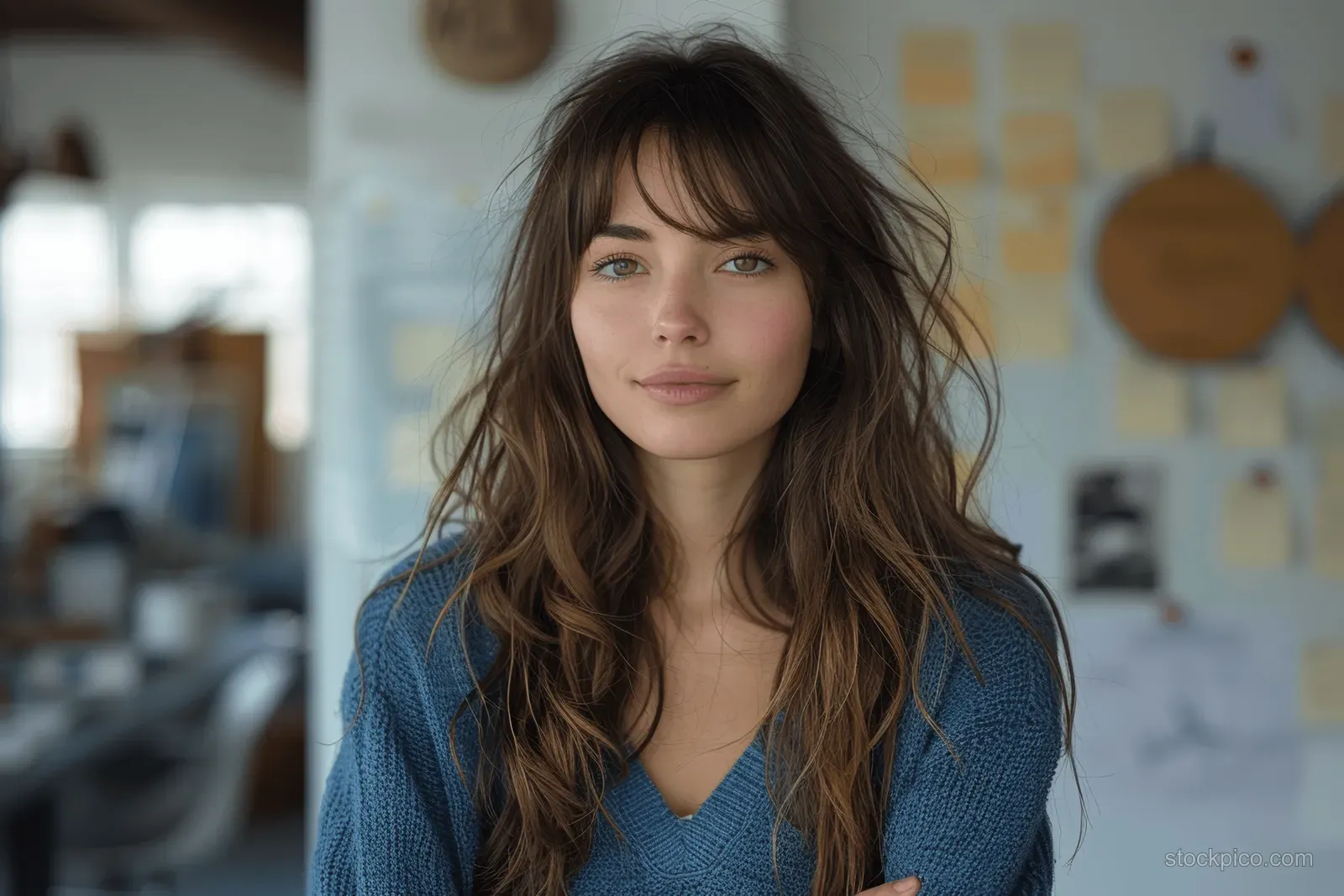 Smiling businesswoman in a blue sweater stands in a creative office with sticky notes on the wall behind her.