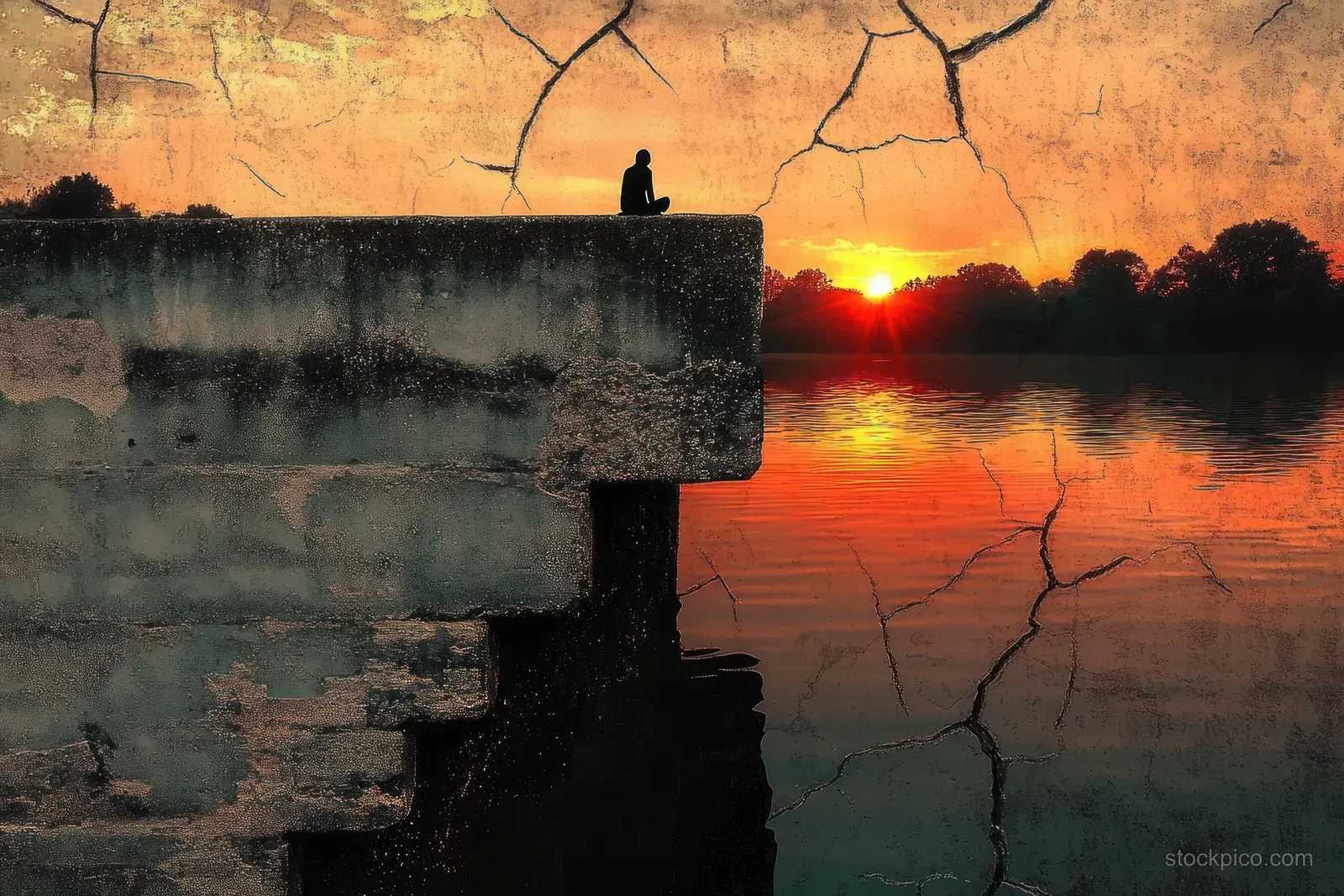 Silhouette of a seated person on a cracked concrete edge overlooking a calm lake at sunset with an orange sky.