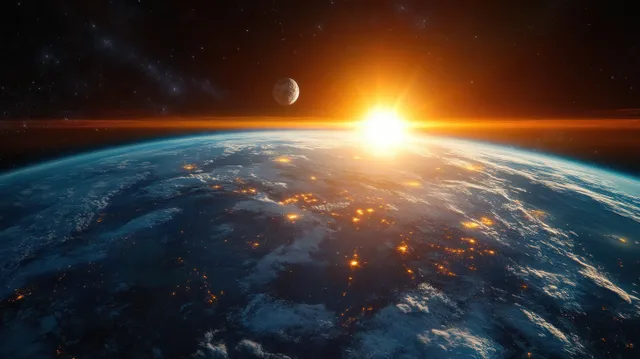 Sunrise illuminates Earth from space, with city lights along the night side and a crescent moon in a starry sky.