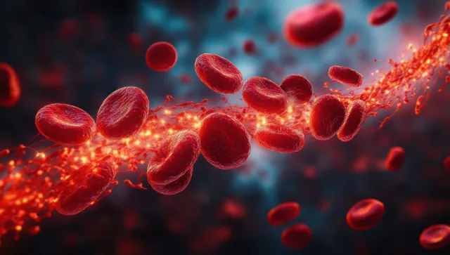 Red blood cells and fibrin mesh form a glowing clot inside a blood vessel