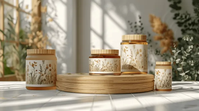Tarros y botellas de cuidado de la piel ecológico sobre una bandeja de madera cerca de una ventana iluminada por el sol con flores secas y vegetación.