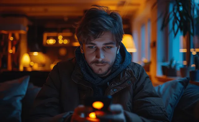 Person typing on a smartphone at home with glowing chat and social icons overlaying the screen.