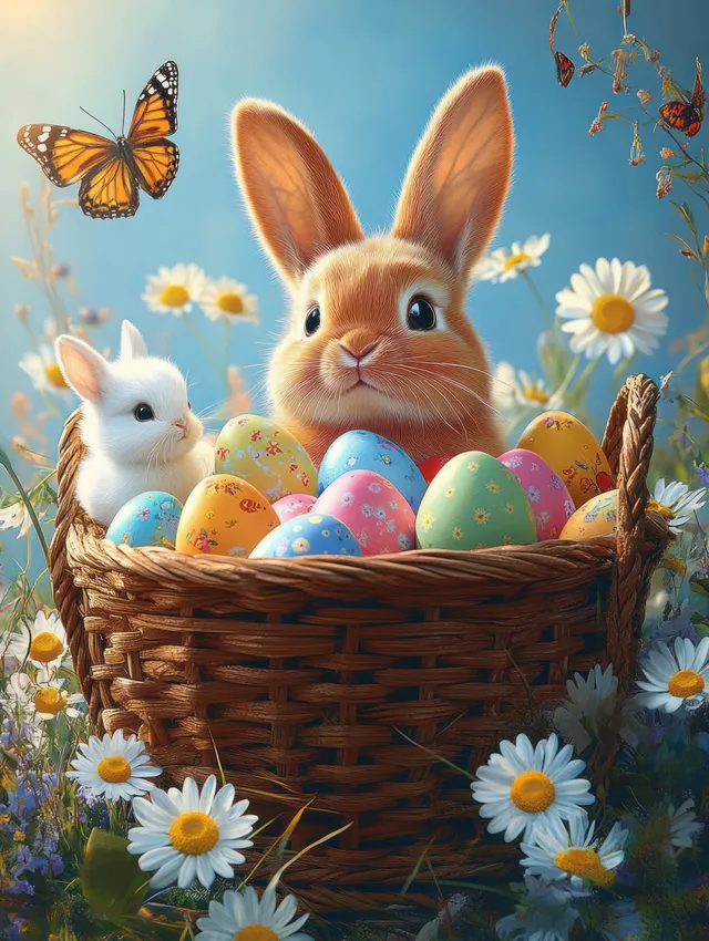 Two rabbits sit in a wicker basket of decorated Easter eggs with daisies and a butterfly nearby.