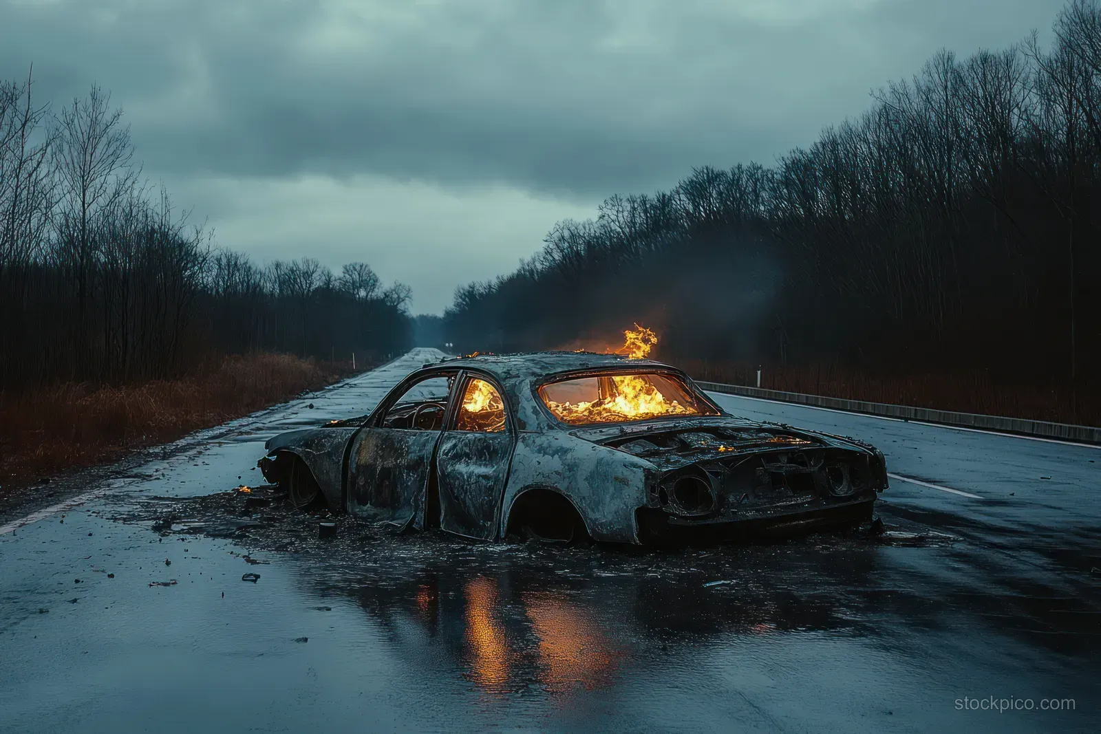 Charred car burning on a wet empty road with flame glow reflected in puddles under dark overcast sky.