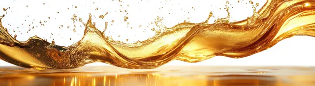 Golden liquid splash with droplets and flowing waves over a white background.