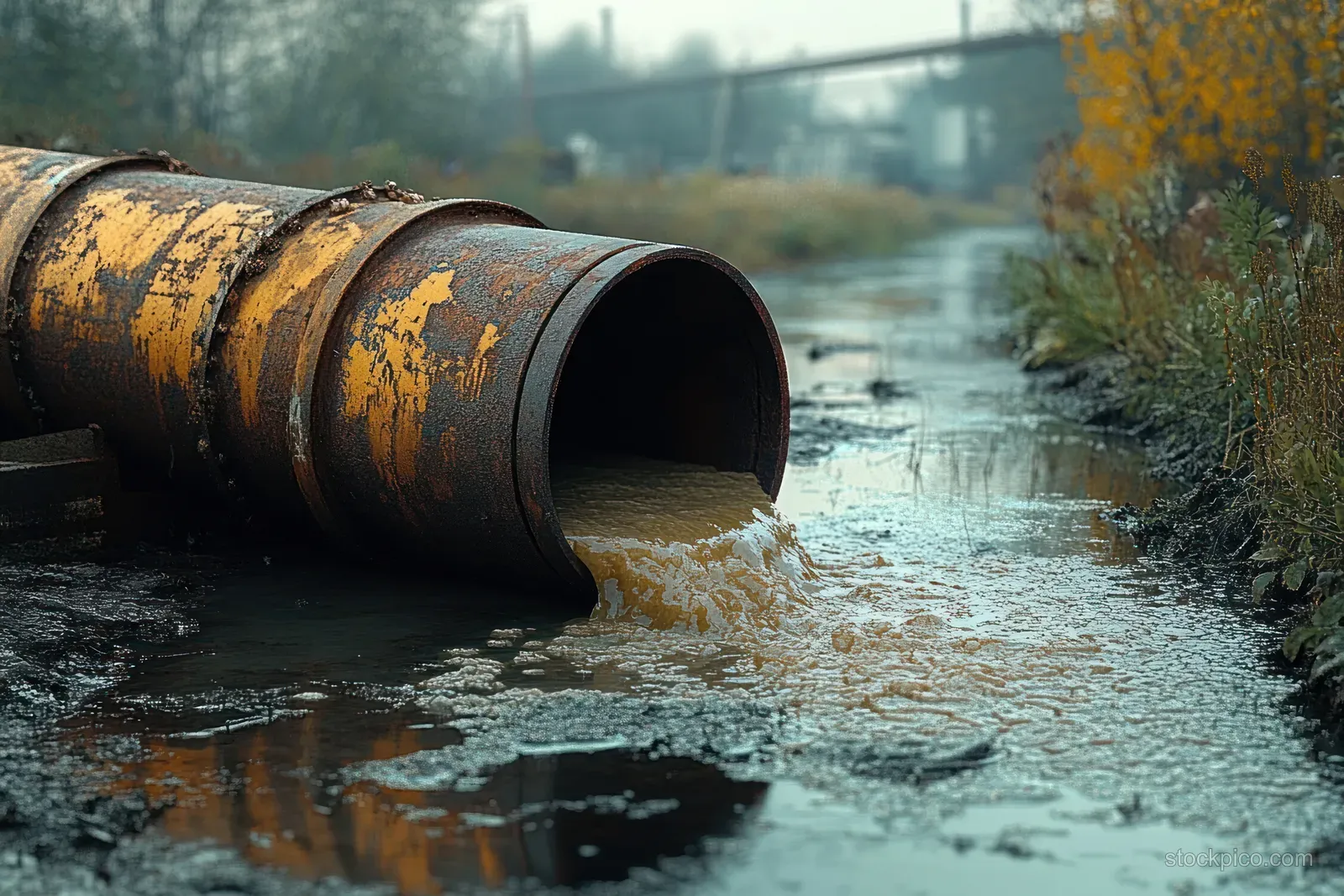 A rusty pipe pours polluted water into a stream near wild grass.