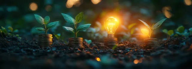 Coin stacks with sprouting plants beside glowing lightbulb, sustainability and innovation concept