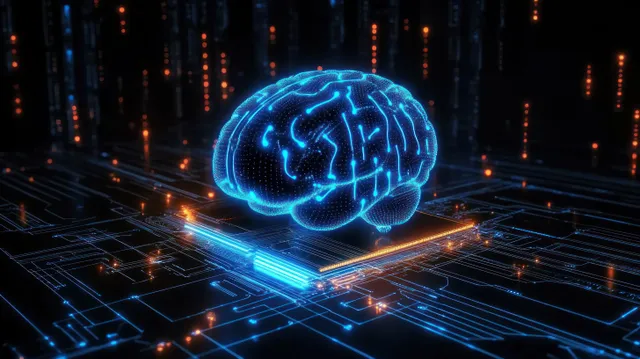 Futuristic blue neon holographic brain above digital circuit board network