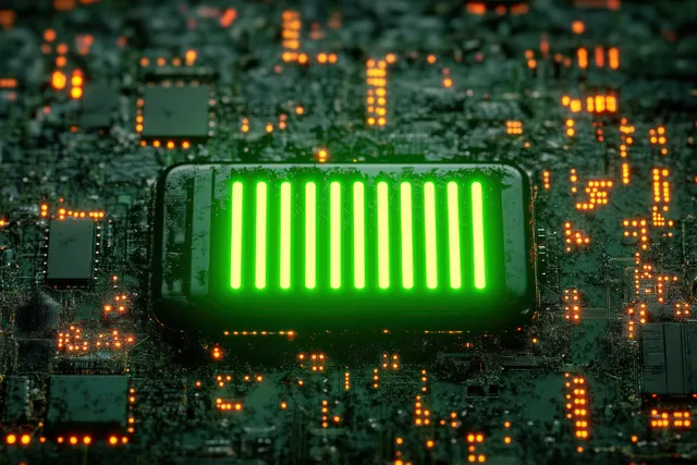 A glowing green battery icon over a dark circuit board with surrounding orange-lit microchip components.