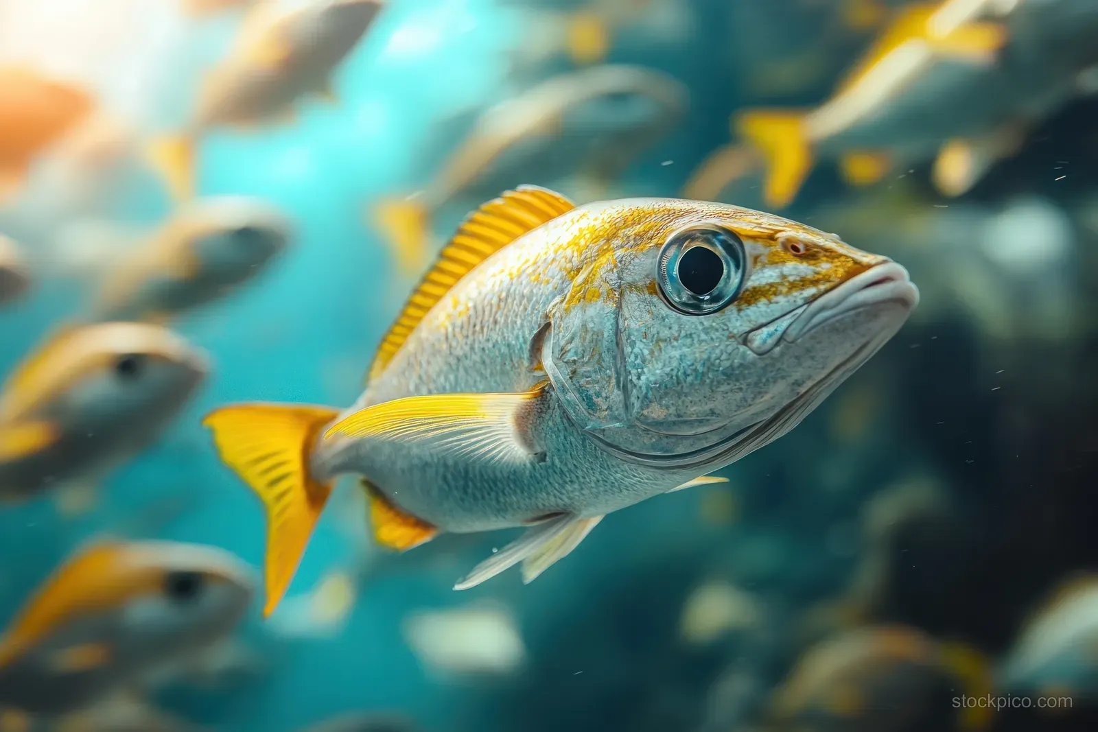 Barramundi fish swim in a school underwater near Bon Island with blue water and reef shadows behind.