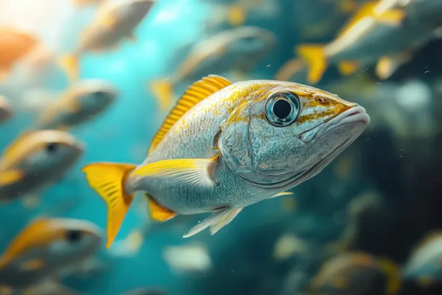 Barramundi fish schooling underwater near Bon Island, Andaman Sea with reef shadows