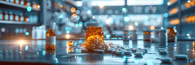 Close-up of orange pharmaceutical capsules and amber bottles on a lab table, blurred background
