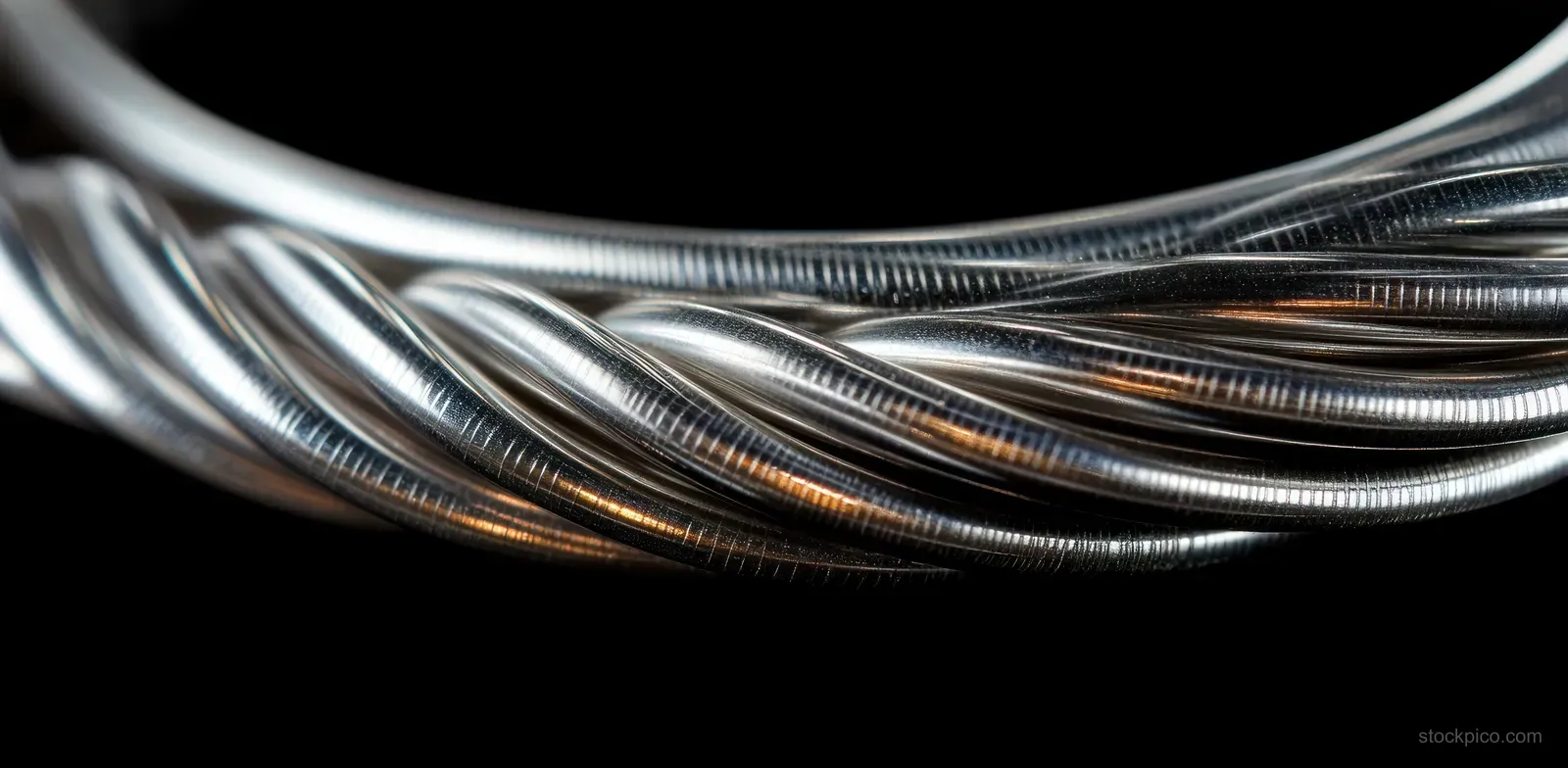Close-up of silver guitar strings crossing against a black background.