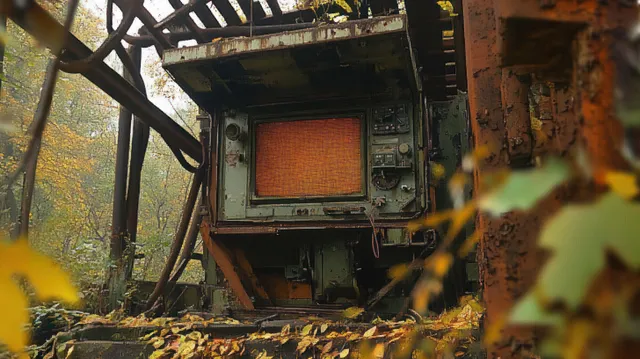 An abandoned rusty machinery control panel is framed by autumn leaves in a forest, showing corroded metal and an old screen.