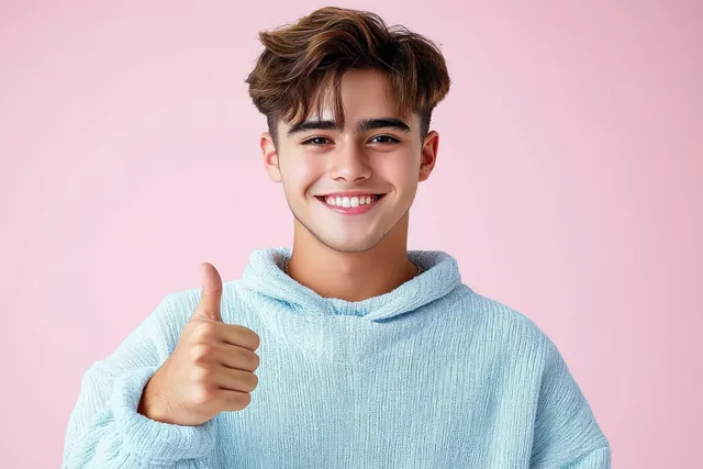 Cheerful young Asian man giving a thumbs up in a light studio portrait